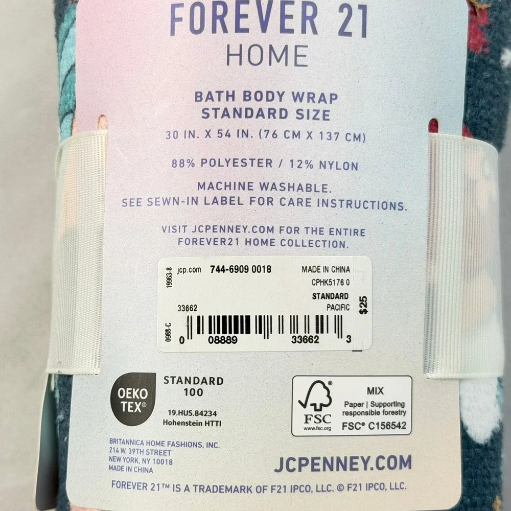 Forever 21 Home Mushroom Floral Bath Body Wrap Towel Teal Standard Size New
